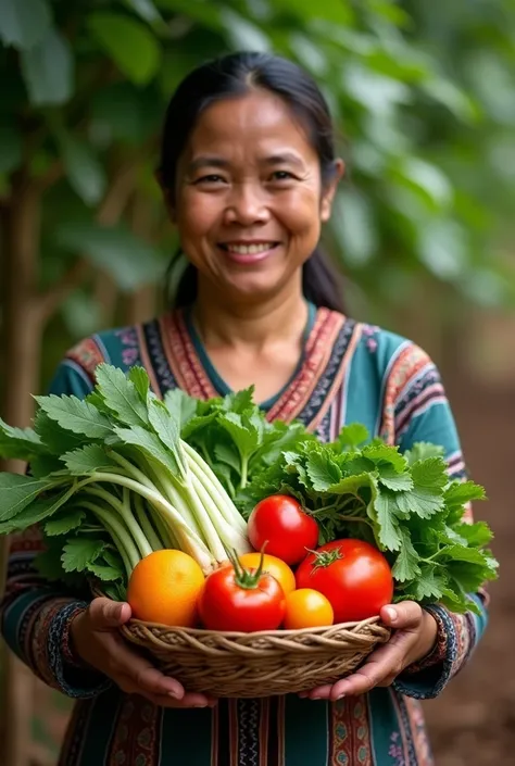 fresh vegetable photo, and beautiful, realistic, held by a Javanese woman wearing a kemben