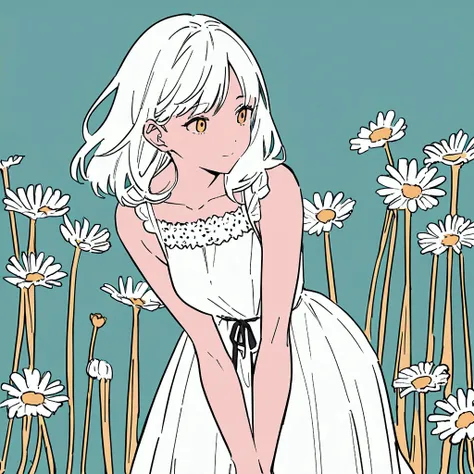 Flat color, leaning forward, woman in white dress, daisy, summer, simple and beautiful color scheme, chic, solo　Peek into