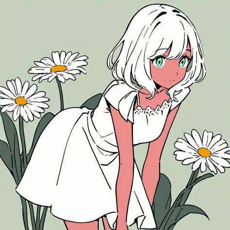 Flat color, leaning forward, woman in white dress, daisy, summer, simple and beautiful color scheme, chic, solo　Peek into