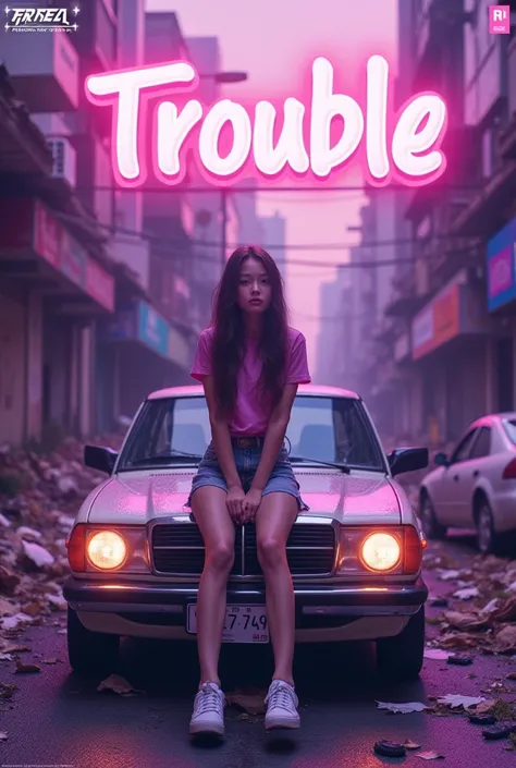 A pop girly mess aesthetic purple core logo album titled "Trouble" by Prestine Kang , a girl person with blurry face sitting on a car in a street that is in a big mess 