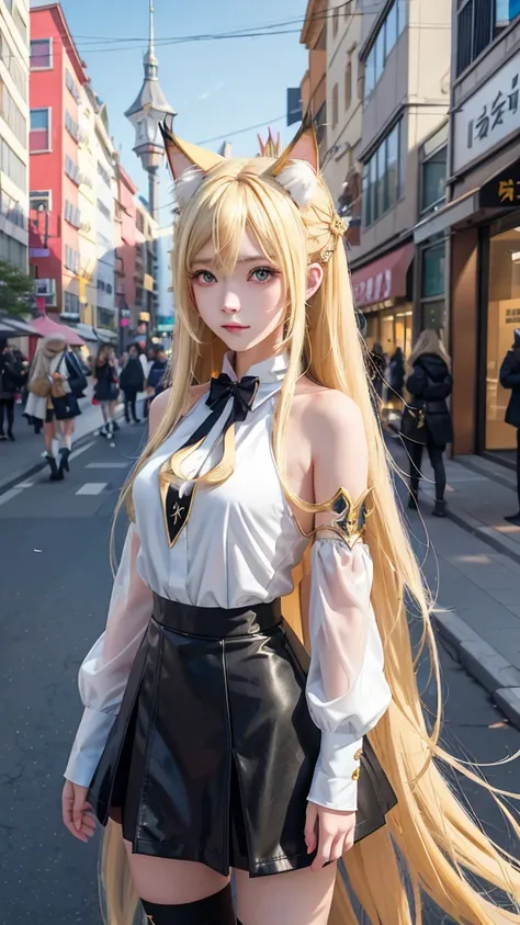 anime girl with long blonde hair and horns on a city street, an anime drawing by Yang J, trending on pixiv, furry art, trending on artstation pixiv, anime girl with cat ears, beautiful anime catgirl, from arknights, anime catgirl, blonde anime girl with lo...