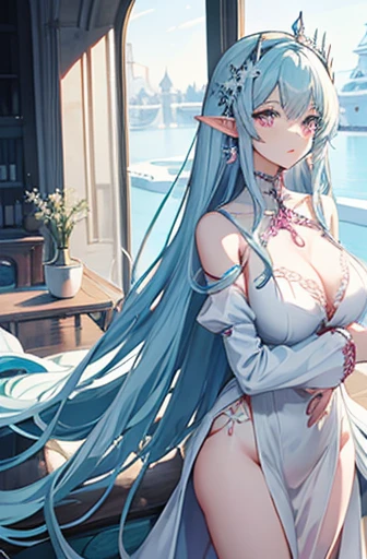 Anime, woman, long hair, pale blue hair, pink eyes, gently, earrings, big boob, wearing a nightgown, beautiful, elegant, pure, fantasy, ice, snowflake, snow land, cool, noble, elf, crystal, stay in thorn room,