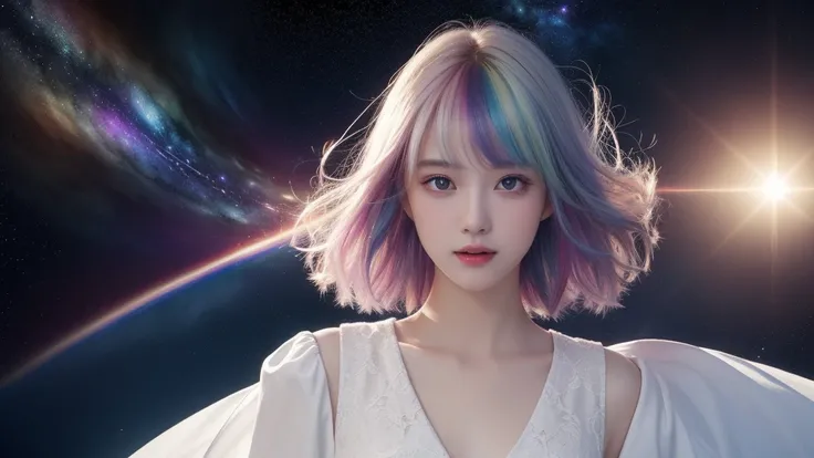 floating in space、((whole body))、reach out, highest quality, Highly detailed CG synthesis 8k wallpaper, movie lighting, Lens flare, beautiful detail eyes, White clothes, multicolored hair, Rich and colorful light, particle, 、girl、laugh fearlessly、Rainbow H...