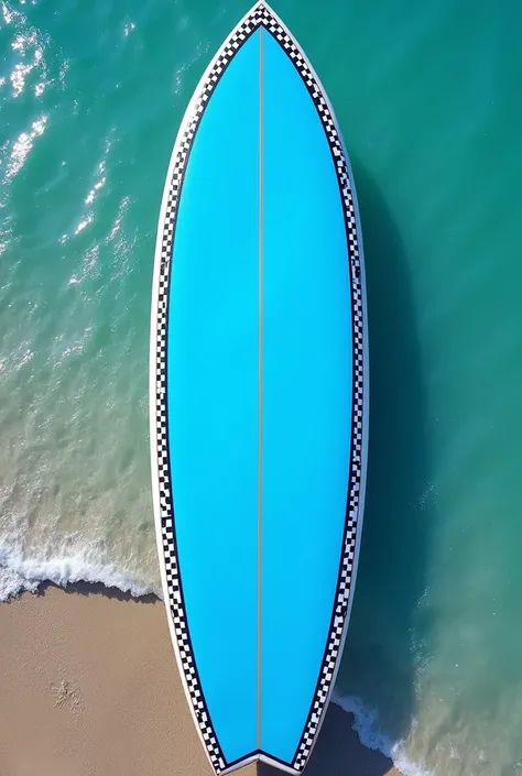 A surfboard with a blue top, which has a white border and two white and black checked stripes which run parallel to the stringer from the nose to the tail. The stringer should be visible