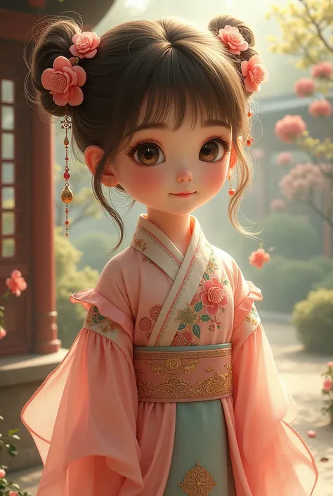 A 5-year-old brown-haired, brown-eyed girl in a Chinese-style dress