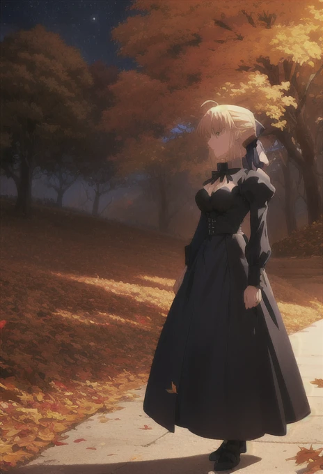 (safe:1.10), best quality, masterpiece, highres, solo, (saber_fatestaynightufotable:1.10), anime_style, 24 ,Serious expression,big breast,Excalibur,Falling autumn leaves,autumn leaves,moonlight,cowboy shot, Ready own sword,full body shot,black dress,black ...