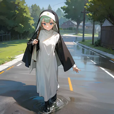 A young girl dressed as a nun getting wet as she walks down the driveway of her house 