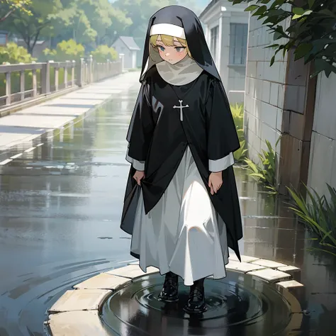 A young girl dressed as a nun getting wet as she walks down the driveway of her house 