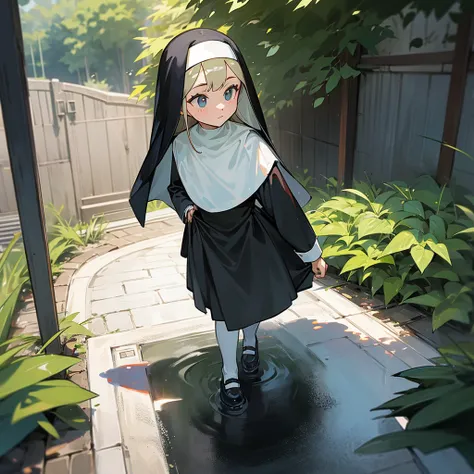 A young girl dressed as a nun getting wet as she walks down the driveway of her house 