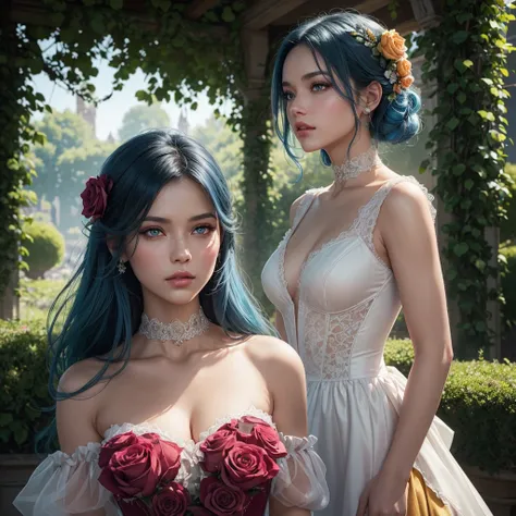 This is realistic fantasy artwork set in the castles enchanted rose garden. Generate a proud woman with a highly detailed face dressed in the billowing folds of a stunning French silk ballgown. The womans sweet face is ((((highly detailed, with realistic f...