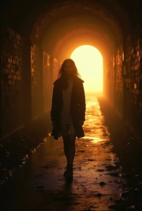 A sad young woman seeing the light of sunlight at the end of the tunnel 