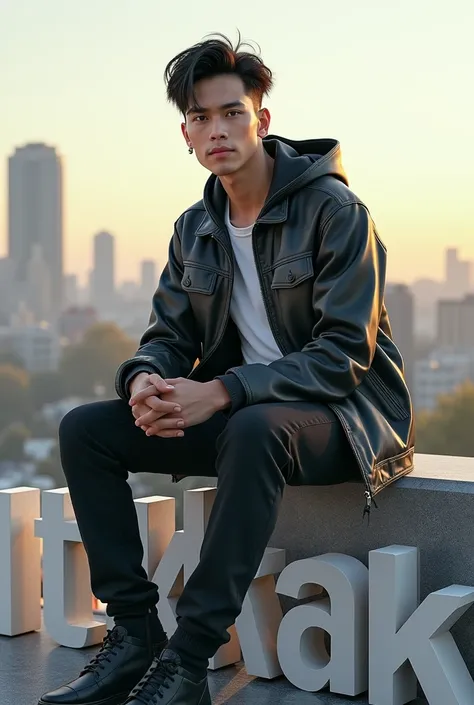 a handsome Asian guy aged 20 wearing cool clothes. sitting on a 3d text block that says "EDITIN KAK". background view from the hill