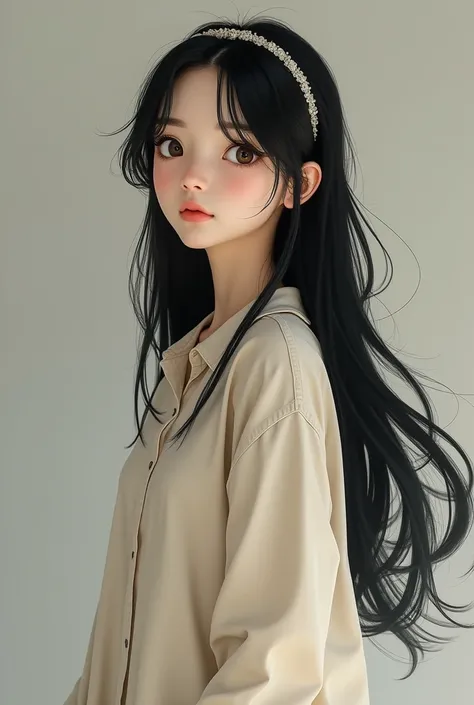 (girl with glasses:1.4), long Black Hair, Wearing a thin, light long shirt dress, Looking up with shining eyes、Eyebrows hidden under hair, In a full-body portrait, One person, Anatomically correct, vision, High resolution, Portrait Photography, Black Hair,...