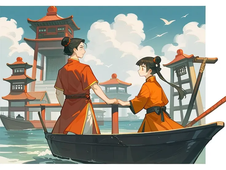 best quality，People wearing Hanfu standing on the boat ，Anime characters wearing Hanfu, Chinese, 穿着ancient China的衣服, ancient China, 身着ancient China服饰, Chinese traditional clothing, Chinese Fantasy