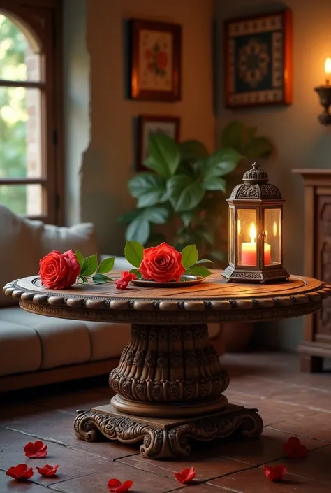 A old Indian big table in a house having single rose on it with 90s old lalten 