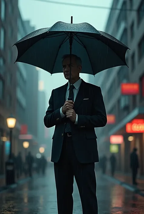 A man stand in rain with hold a umbrella and serious 