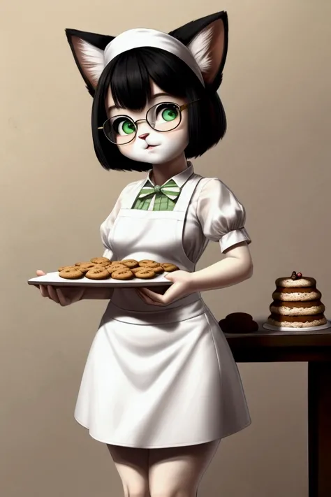 Small, slim female kitten with nice big thighs and black and white fur and cute green eyes and she is wearing glasses and wearing a short dress with a full body mini skirt and she is a cook who prepares cakes and cookies and she is .