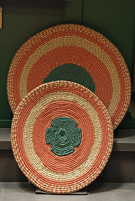 Mengkuang mats decorated with kelarai using two different colors have two sizes , one size small one size large 