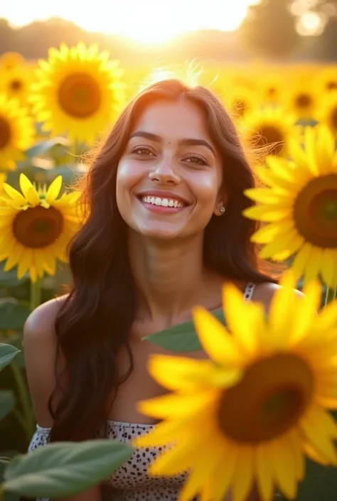 Tamil girl, 20 year old, western dress, sitting in a sunflower field, sunflowers towards sun, bright smile, sunlight, HDR, hyper realistic