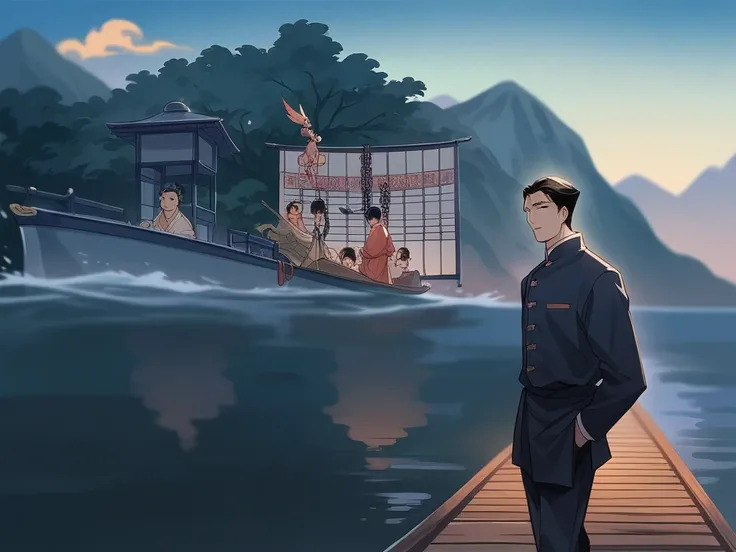 best quality，People wearing Hanfu standing on the boat ，Anime characters wearing Hanfu, Chinese, 穿着ancient China的衣服, ancient China, 身着ancient China服饰, Chinese traditional clothing, Chinese Fantasy