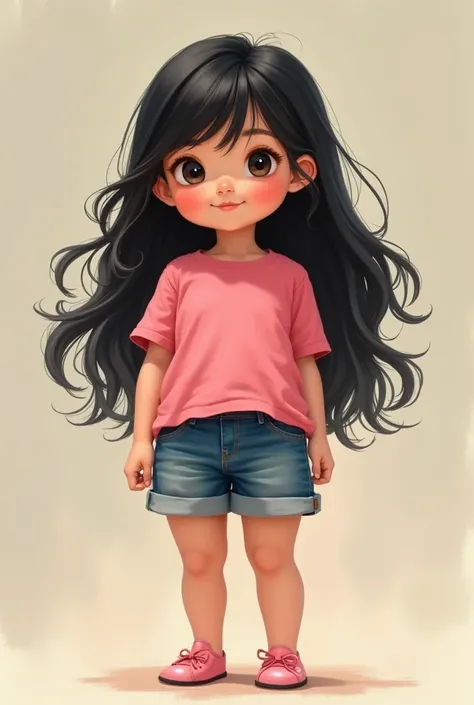 generate image of a little fat girl wearing jeans shorts ,so short that they are not even covering her thigh completely and short pink tshirt with long black hairs and beautiful pinkish feets the feets are of average size 