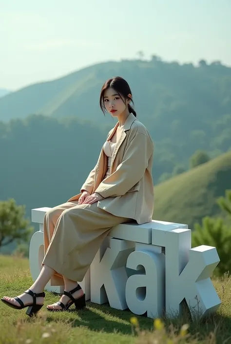 a beautiful Asian girl aged 20 wearing cool clothes. sitting on a 3d text block that says "editin kak". background view from the hill