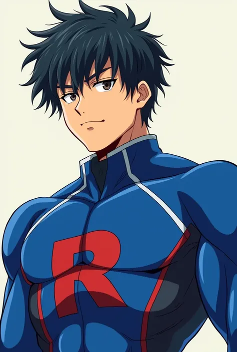 An anime character wearing a blue jumpsuit with an R on his chest and black hair., an arrogant and proud air