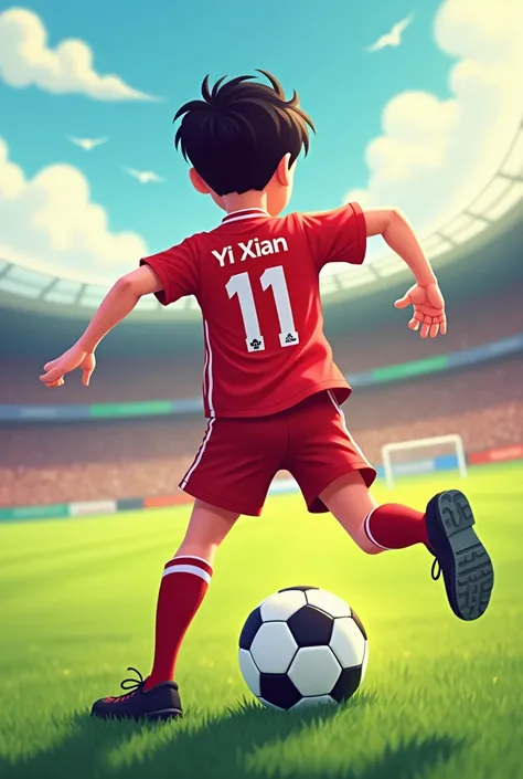 A boy who is football player playing football. The boy wear Manchester United logo shirt and his name: Yi Xian on his shirt. Cartoon