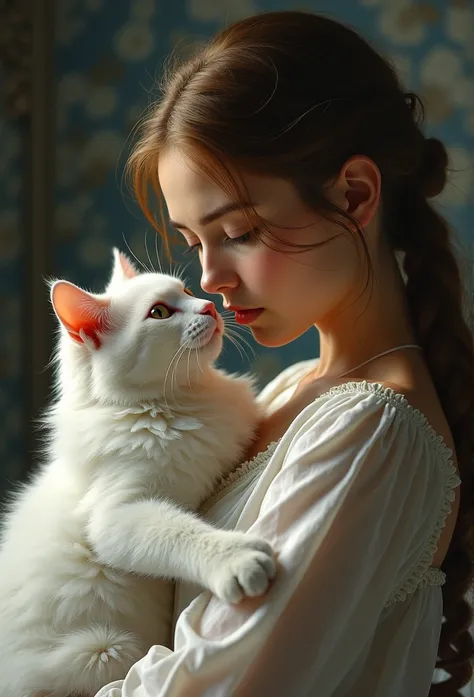 oil painting, (A scene of a woman holding a white cat in her arms, flower), A portrait expressing the deep bond between a girl and a cat, (Close-up of the upper body_A gaze that looks at the viewer), Peacefulness, high resolution, vivid silhouette, 3D text...