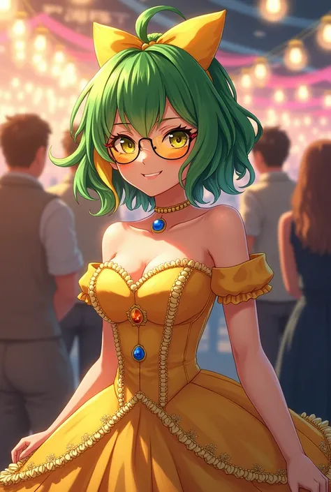 Anime, yellow eye Wear glasses, Green yellow multicolored hair, hair covering left eye, Princess dress, Go to party.