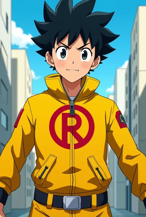 An anime character wearing a yellow jumpsuit with an R on his chest and black hair.