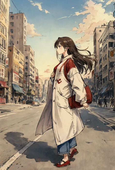 prompt:

character: Young woman with a bright smile。Her shoulder-length brown hair fluttering in the wind、A loose white jacket and a casual red T-shirt、Wearing denim shorts。

background: Busy city intersection、Mr.々A bustling street lined with colorful sign...