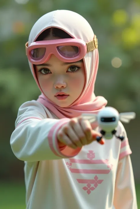 Malaysia girl a realistic masterpiece. Human . 1girl wearing a hijab, detailed beautiful face, Hijab Muslim. Wear long sleeve moder design white pink stripe white, minimalist flower on shirt. . Wear pink white.small Safety Pink google spectacle top of the ...