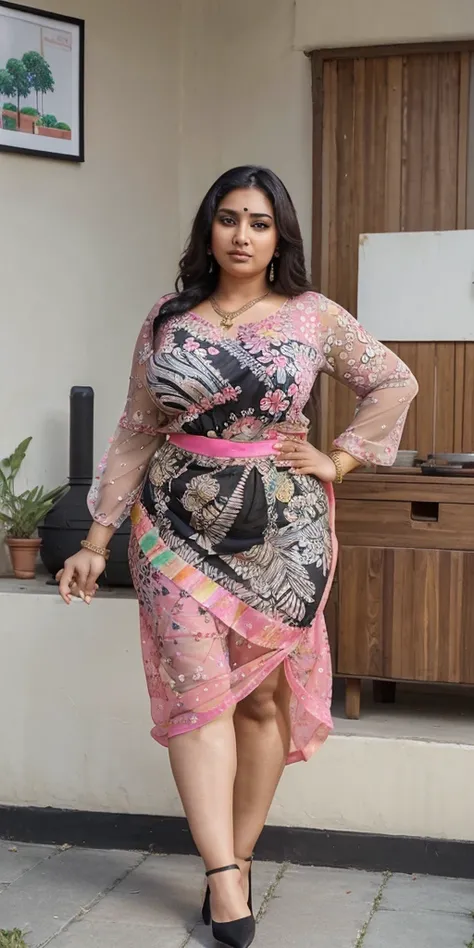 Day scene, A radiant, full-figured South Indian 35 year old aunty a cream colour chiffon mini skirt and black chiffon shirt, standing, in a garden captured in a full-body image with vibrant hues and meticulous details. Full body image