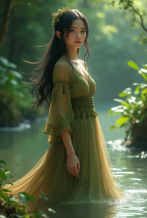 A girl with long straight black hair, dark brown eyes, wearing a brown and green dress with some moss green yarn patterns, water control 