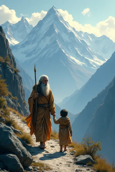 Sadhu  taking his little child on a spiritual path in the Himalayas