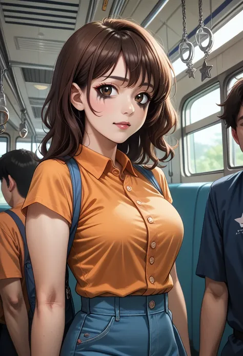 realistic photos of (1 cute korean star) flipped hair, thin makeup, medium breasts size, orange polo shirt, at the train station...