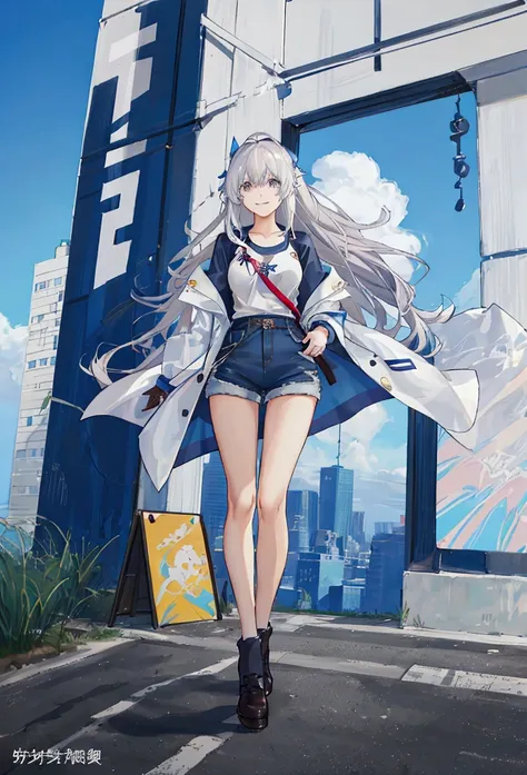 prompt: character: Young woman with a bright smile。Her shoulder-length brown hair fluttering in the wind、A loose white jacket and a casual red T-shirt、Wearing denim shorts。 background: Busy city intersection、Mr.々A bustling street lined with colorful signs ...