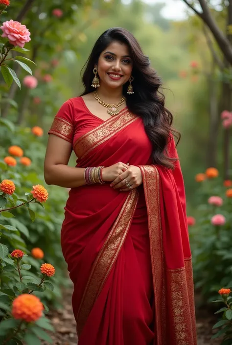 Beautiful Indian women wearing red sarees  very big size boobs and very big size ass cute face standing in garden only 1 girl  not fat 