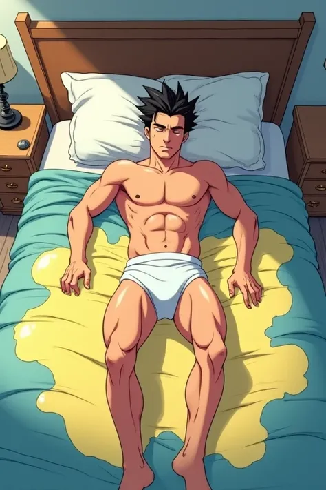 In the morning bedroom,  theres a slender and mascular young man in his tighty whities who is lying on his bed. He has pissed his bed.  His tighty whities with a pee wet spot are exposed. Theres a large pee spot on his bed around him. He is still sleeping....