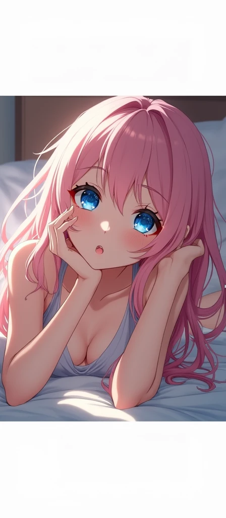 blue eyes pink hair cat anime girl öpücük eliyle yatakta uzanarak