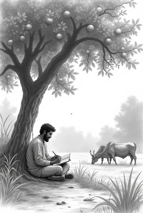 A man writing a poem behind a mango tree, cattles are grazing around, some green plants with flower,
Parrots are cutting mangoes on the tree, a indian villageinvironment, pencil sketch, black and white 