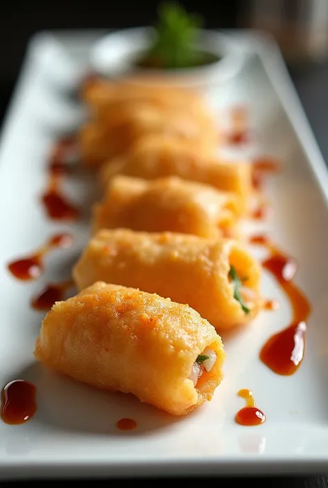  Tempura Seafood Spring Rolls:
Crispy seafood tempura spring rolls, cut into bite-sized pieces and arranged in rows on a long plate. Add a few drops of fish sauce and lemon juice to create a highlight.. Neat layout, no frills but still visually impressive....