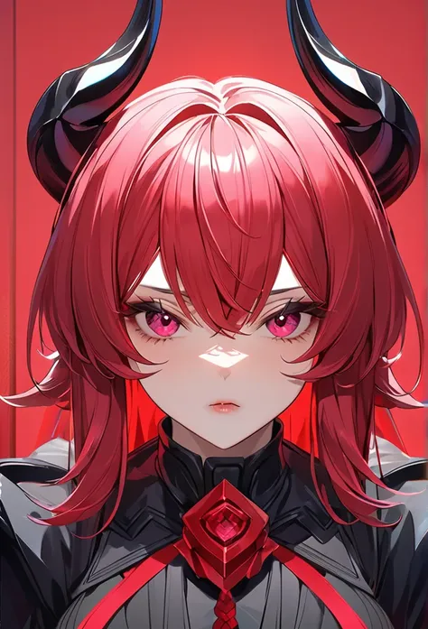 ((4k Best Quality)) (super resolution) (mega qualidade) LnF , Cao Cao, slim, very beautiful, Short and Straight Red Hair, black horns, Olhos Magenta com LnF X Preto No Meio Deles, black leagwear, Scarlet Red Background, Challenging and Perverse Personality...