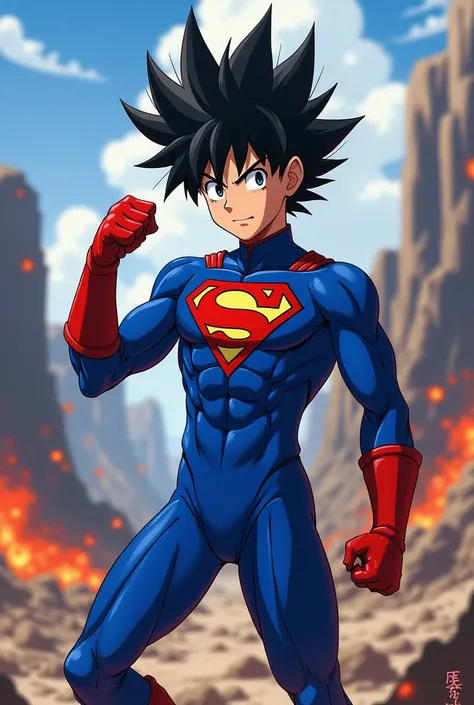 An anime character wearing a blue jumpsuit with an R on his chest and black hair.