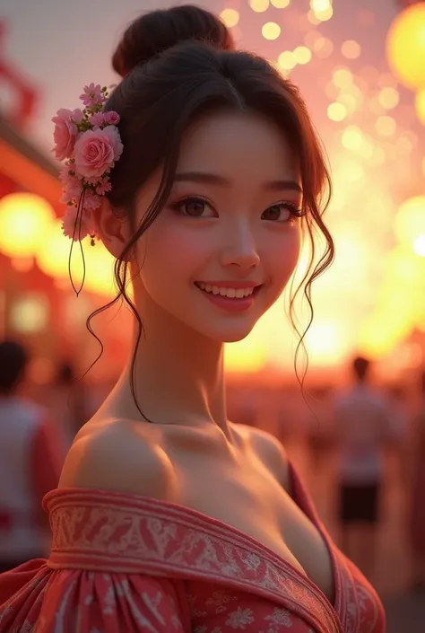 look at camera,(((top quality, 8k, masterpiece))), crisp focus, (beautiful woman with perfect figure), slender, (hairstyle: up)), ((kimono: Kara)), street: 1.2 Highly detailed face and skin texture Detailed eyes Double eyelids random posture, (smile),super...