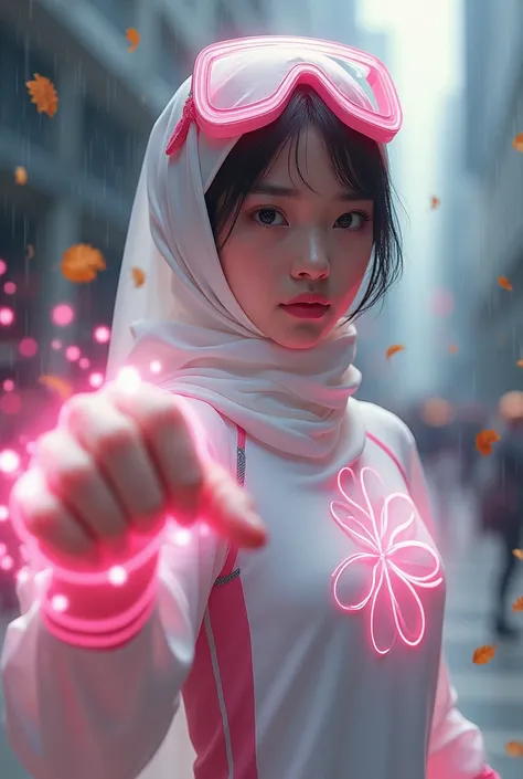 Malaysia girl a realistic masterpiece. Human . 1girl wearing a hijab, detailed beautiful face, Hijab Muslim. Wear long sleeve moder design white pink stripe white, minimalist flower on shirt. Enger face. Open mouth. Glowing power pink. . Wear pink white.sm...