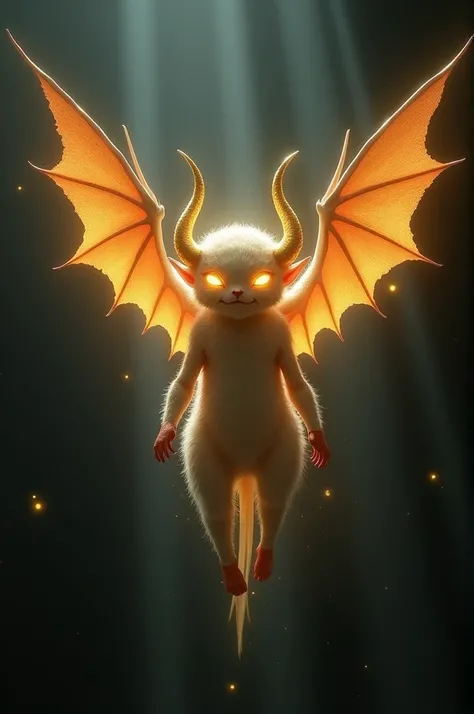 Generate for me the image of a legendary little being of light called Bringuito, he has demon wings a face glowing with light eyes of golden light he levitates and raises his arms in a cross