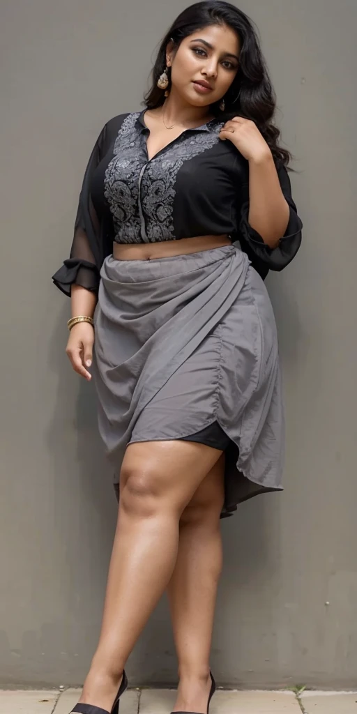 Day scene, A radiant, full-figured South Indian 35 year old aunty a gray colour chiffon mini skirt and black chiffon shirt, standing, in a garden captured in a full-body image with vibrant hues and meticulous details. Full body image