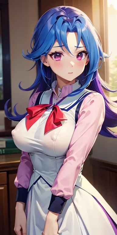 1 Female,High definition,high resolution,Ultra-realistic,8K, kr1, multicolored hair, dyed bangs, long sleeves, bow, pink dress, white vest, white skirt,European,sexy,Upper body close-up,Photographed from the front,Dynamic Angles,private teacher,blush, big ...